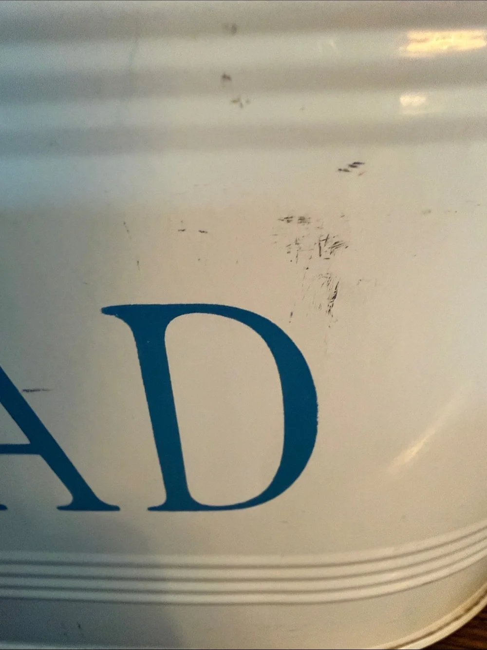 White Enamel Metal Bread Box with Blue Lettering